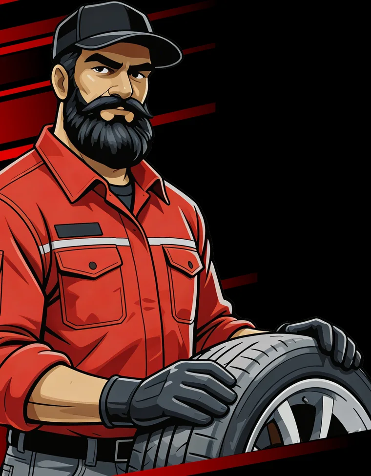 TireDoc Mobile Service technician in a red uniform holding a tire